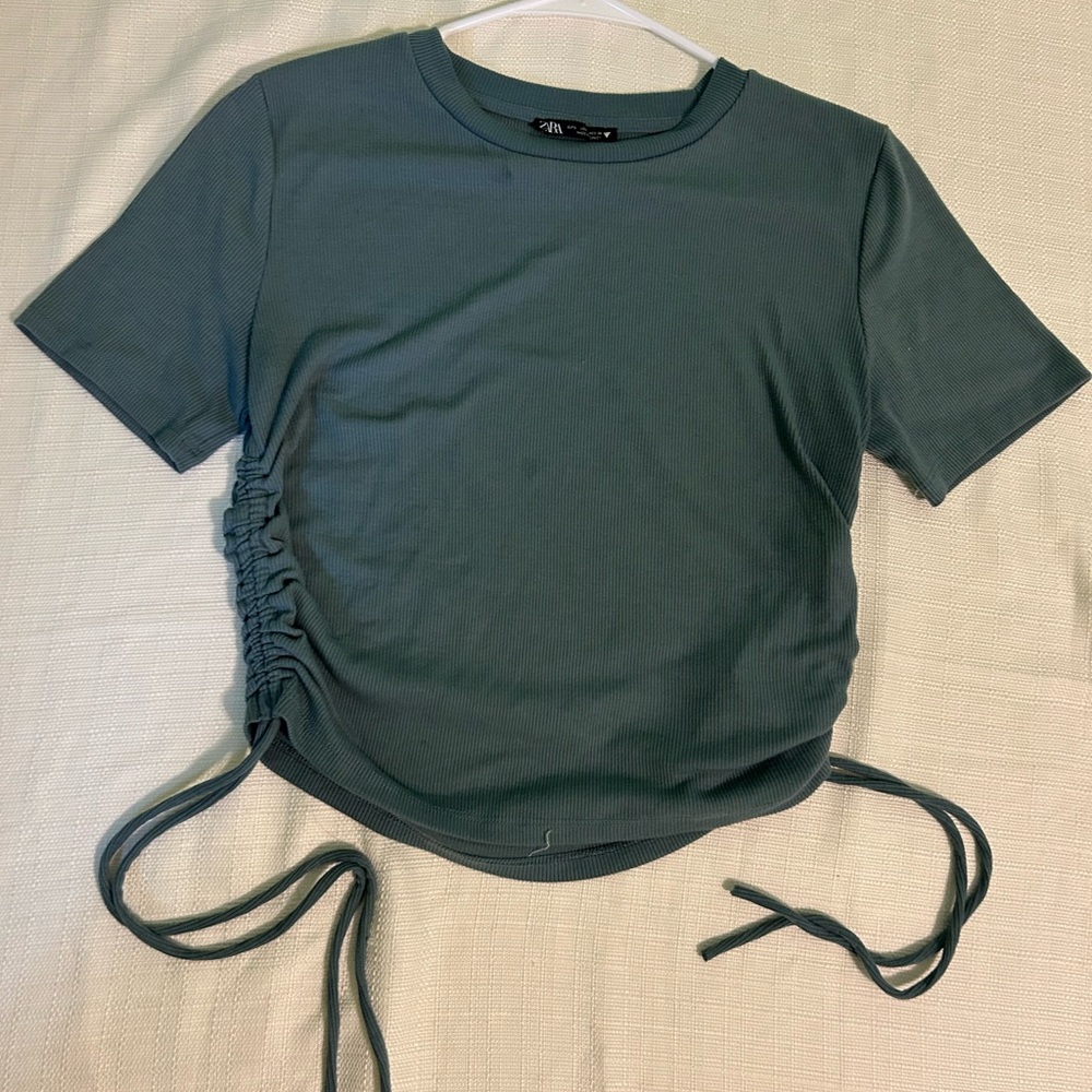 Zara Green Ruched Crop T-Shirt